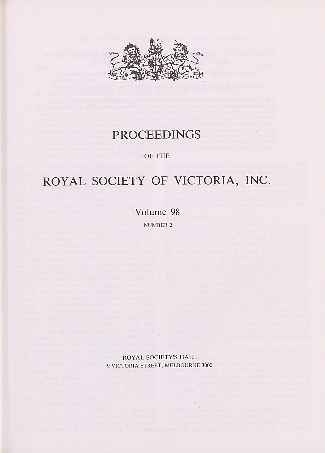 Media type: text; Davies et al. 1986 Description: Proceedings of the Royal Society of Victoria, vol. 98;